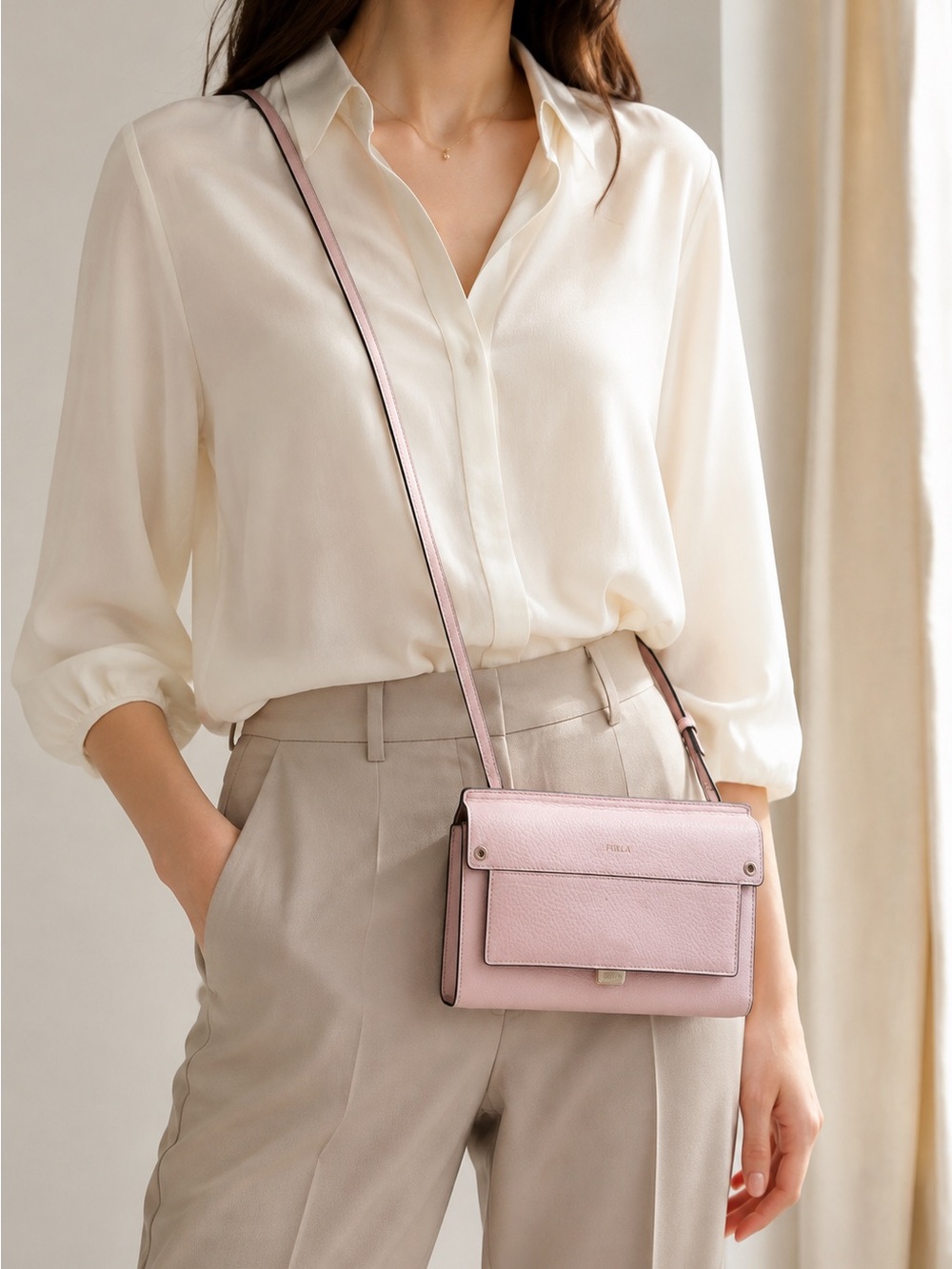 Furla Pink Leather Wallet Crossbody Bag Adjustable Strap